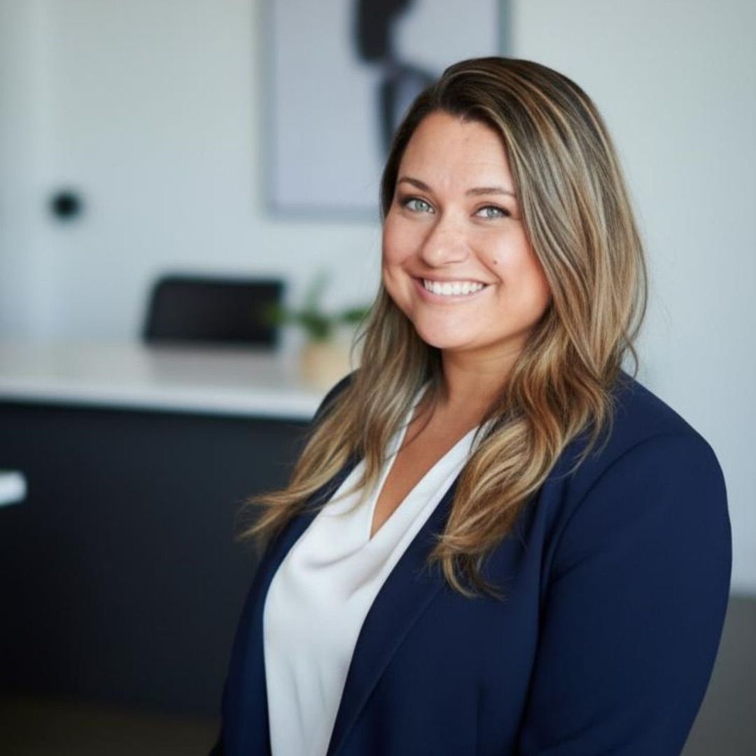 Woman smiling in a navy blazer and white blouse, professional setting.