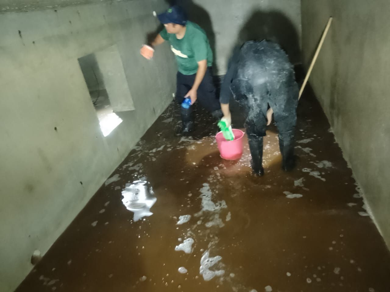 Dos personas limpiando una habitación subterránea de hormigón inundada, utilizando cubos y escobas; agua fangosa.