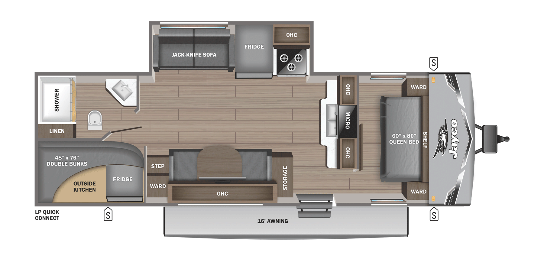 A floor plan of a rv with a bed , couch , and kitchen.