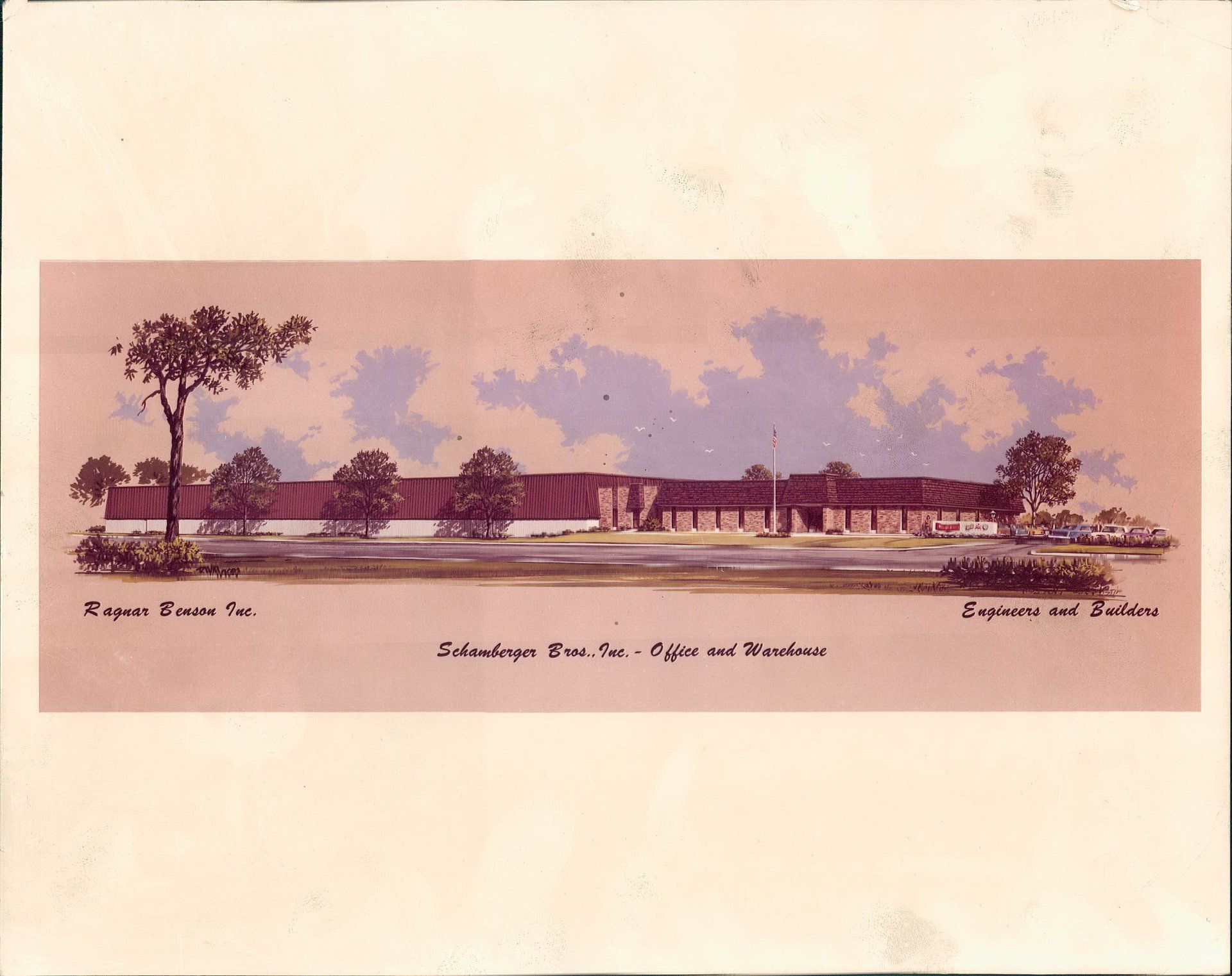 A drawing of a large building with trees in front of it
