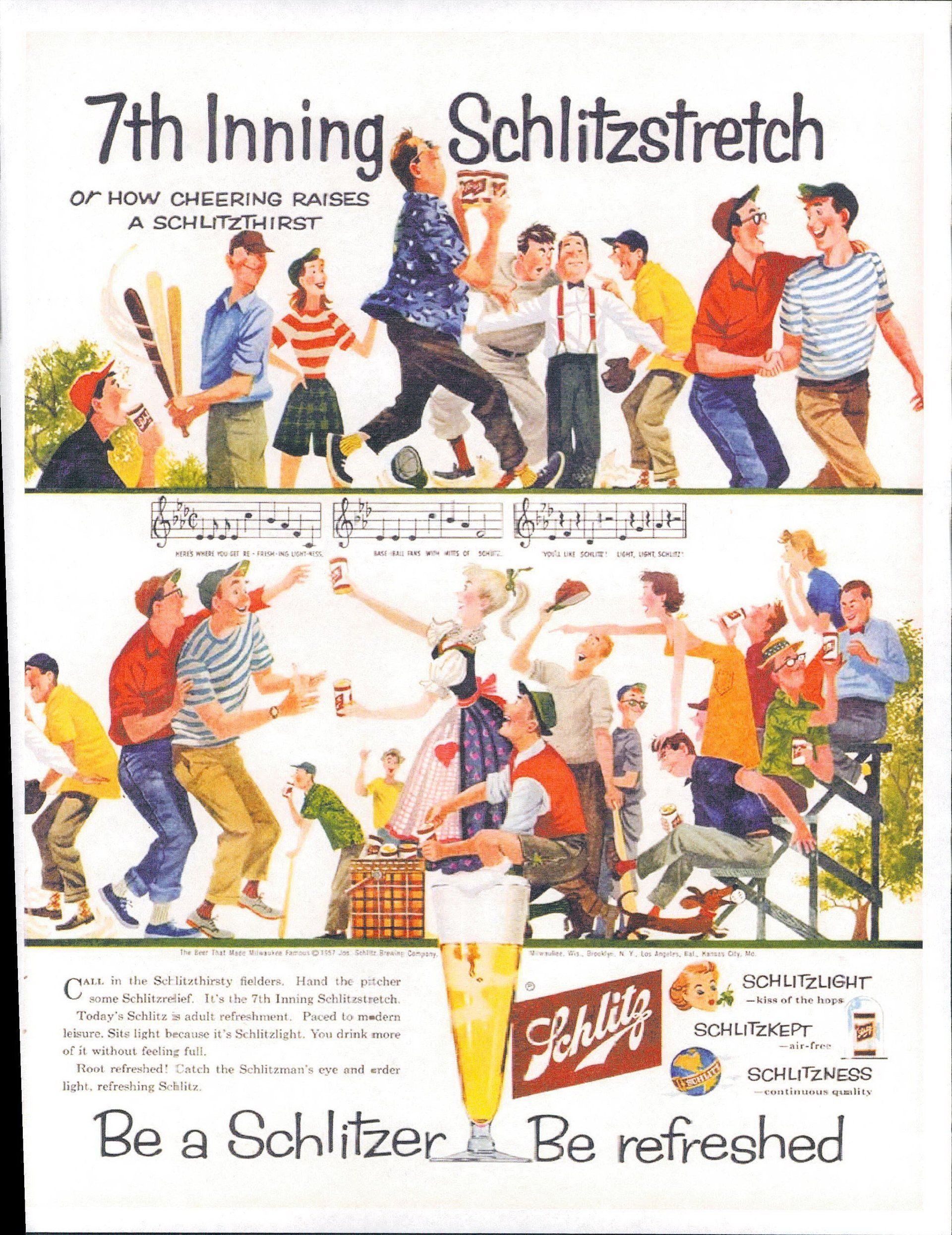 An advertisement for 7th inning schlitz stretch beer