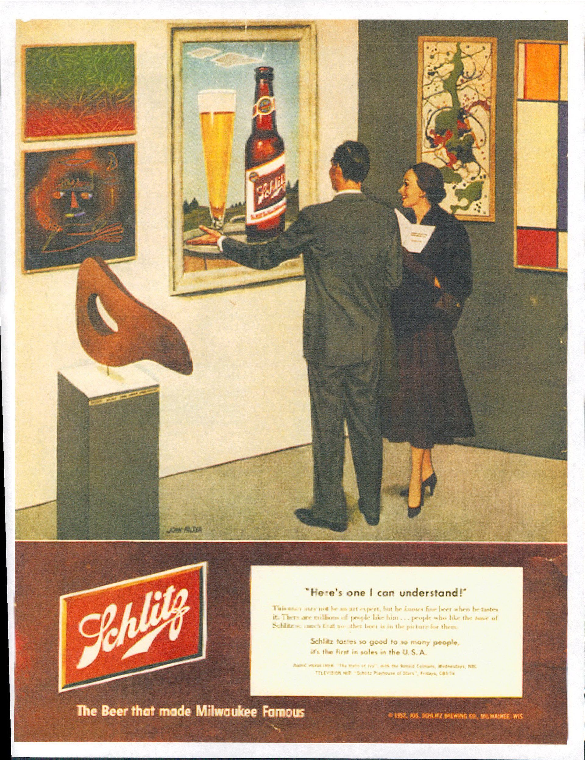 An advertisement for schlitz beer shows a man and woman looking at a painting