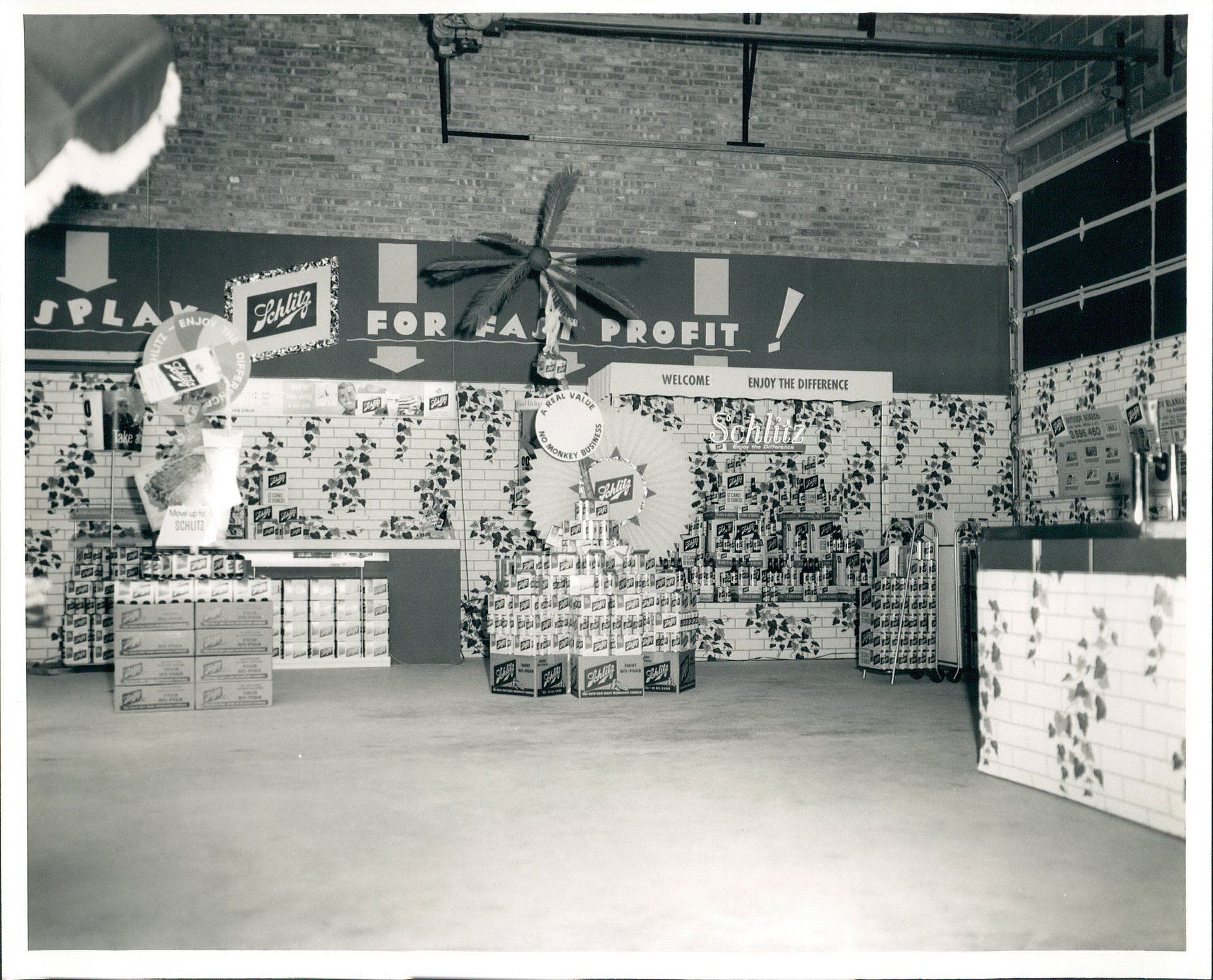 A black and white photo of a store that says speak for a profit