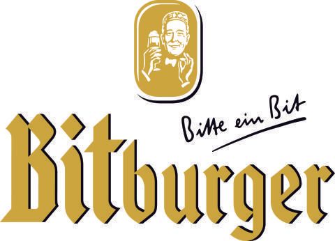 The logo for bitburger shows a man in a tuxedo holding a glass of beer.