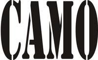 A black stencil of the word camo on a white background.