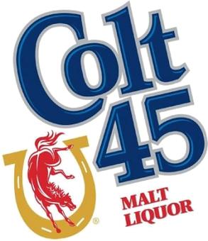 A logo for colt 45 malt liquor with a horse on a horseshoe