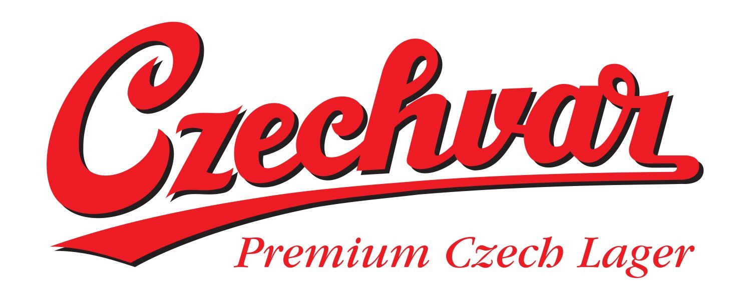 A red and white logo for czechvar premium czech lager