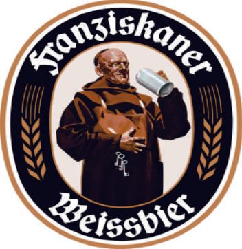 A logo for franziskaner weissbier with a monk holding a mug