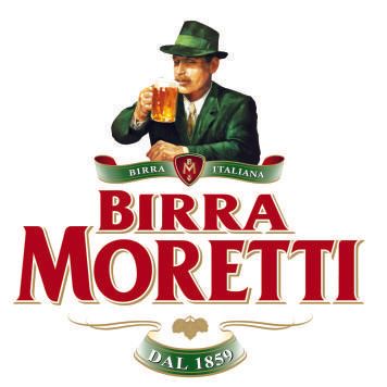 The logo for birra moretti shows a man in a green suit holding a mug of beer