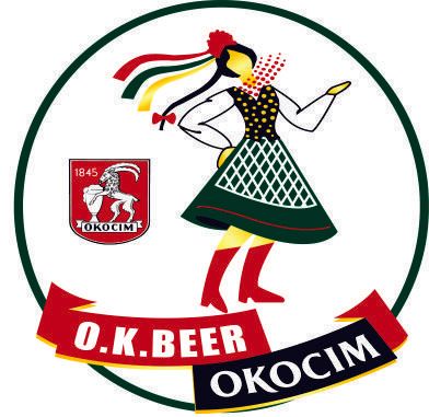 A logo for o.k. beer okocim with a woman dancing