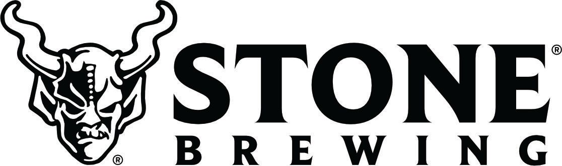 A black and white logo for stone brewing with a bull 's head.