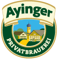 A logo for ayinger privatbrauerei with a picture of a house and a church.