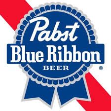 The pabst blue ribbon beer logo is a blue ribbon with a red and white ribbon.