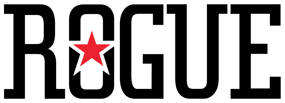 A black and white logo for rogue with a red star.