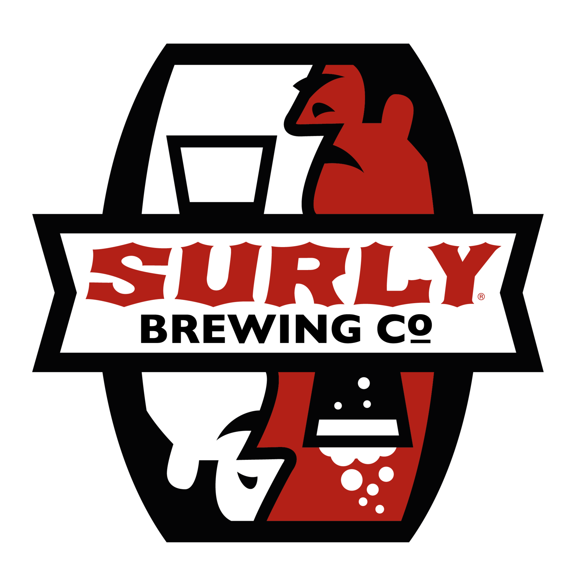 The logo for surly brewing co. is a barrel with a man holding a cup of beer.