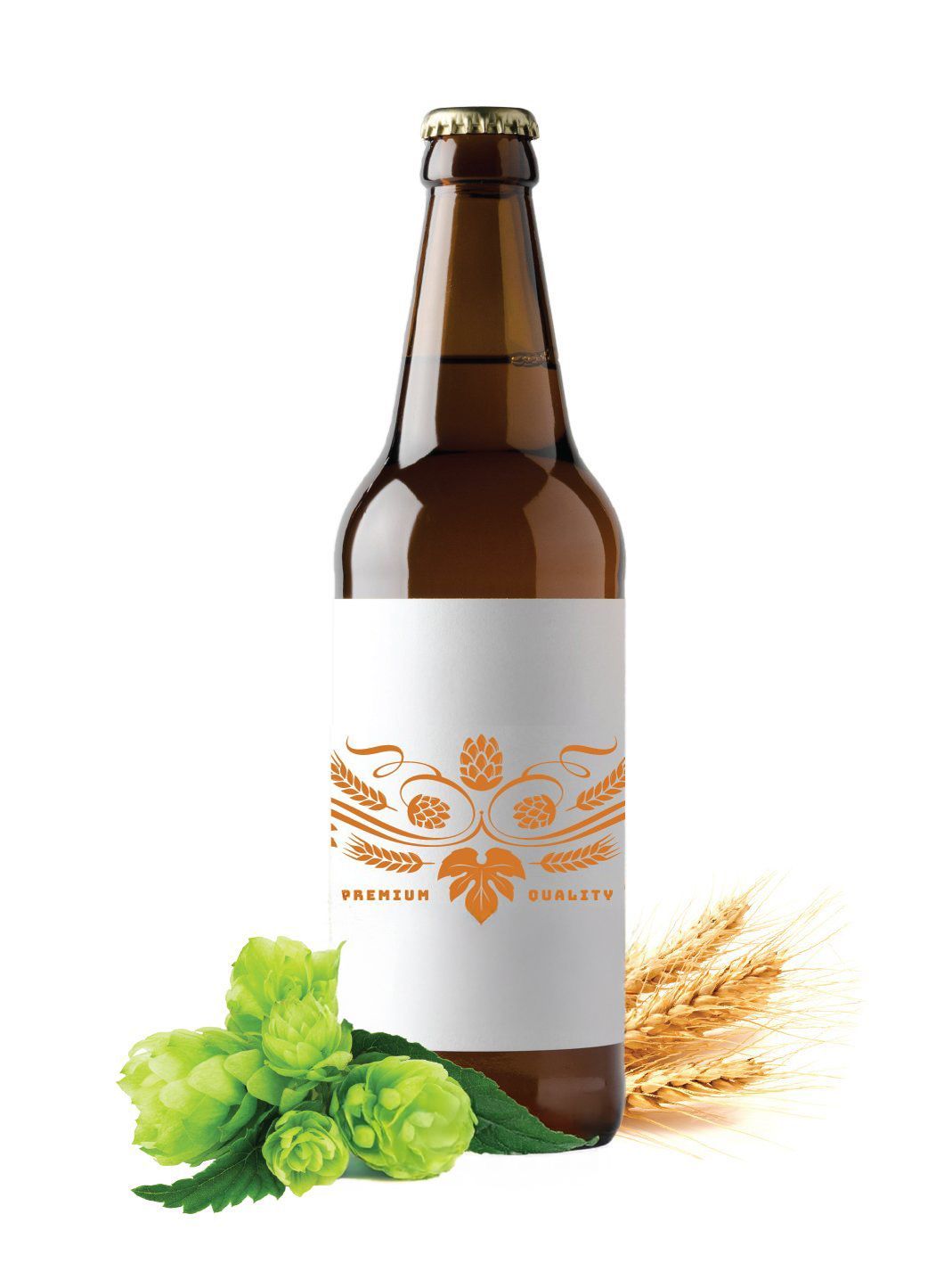 A bottle of domestic beer with hops and wheat in the background