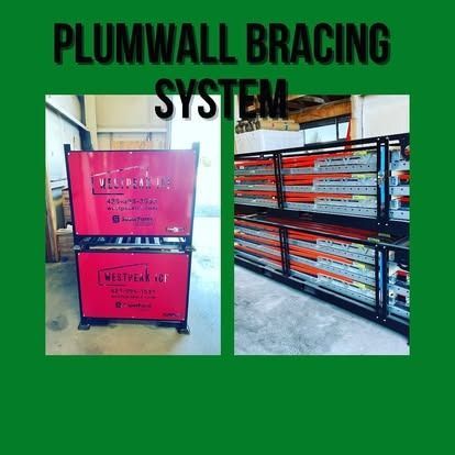 A two-part image showing red metal Plumwall bracing systems stored in racks against a green background.