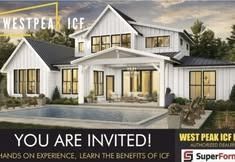 Promotional banner for West Peak ICF, featuring a modern white farmhouse with a pool and an invitation to a hands-on event.