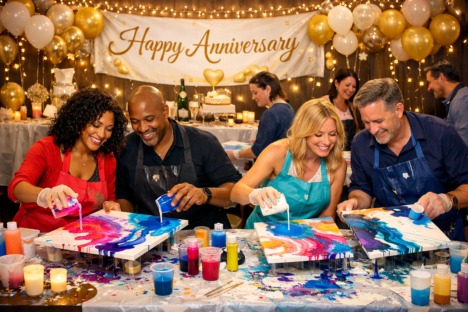 Four people in aprons pour colorful paint onto canvases during an anniversary party decorated with balloons and lights.