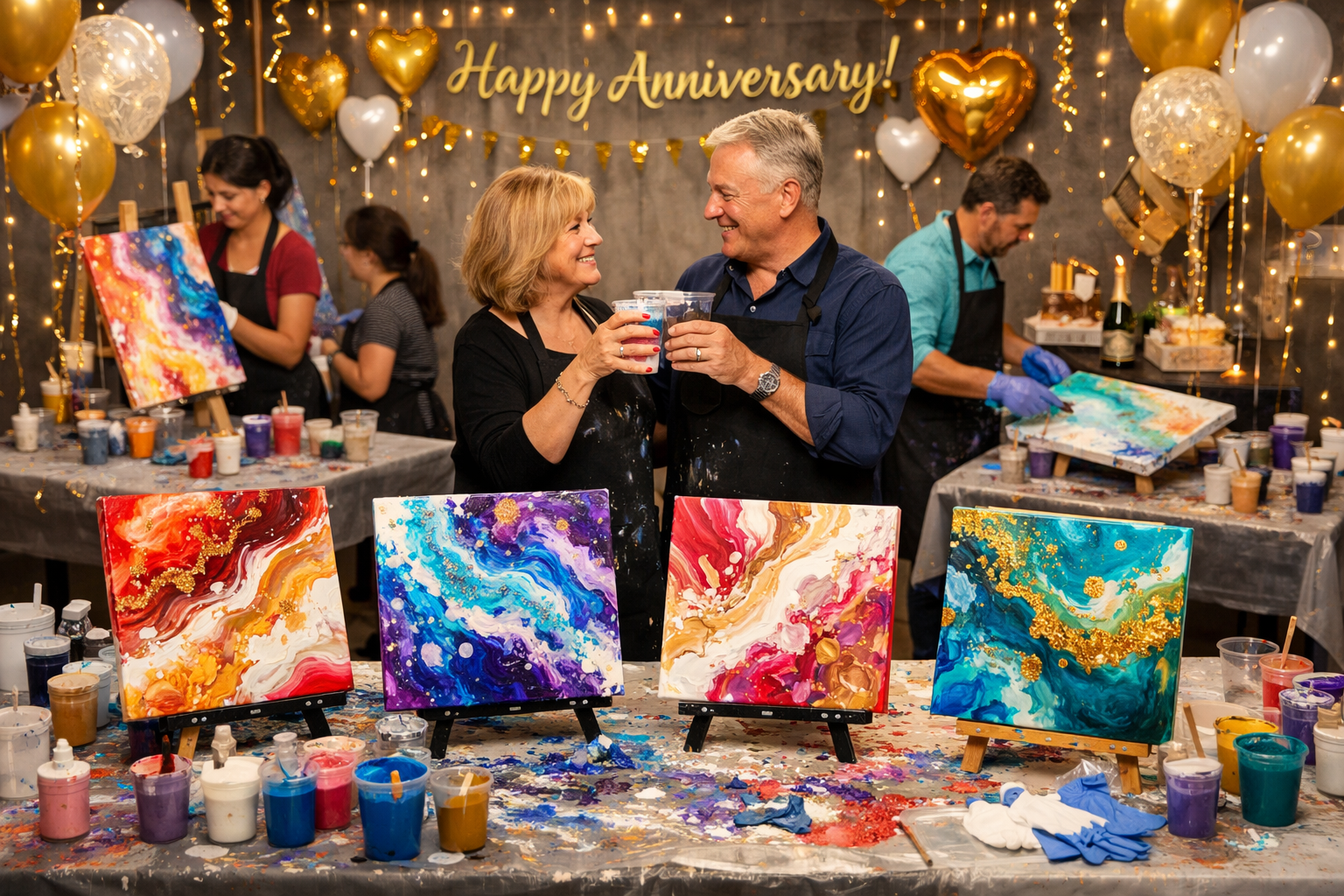 Group of people pouring paint onto canvases at a 20th anniversary themed acrylic pour paint party.
