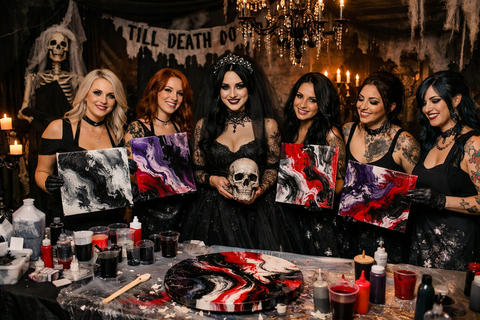 Bride and friends at a private acrylic pour art paint party; pouring blue paint onto a canvas.