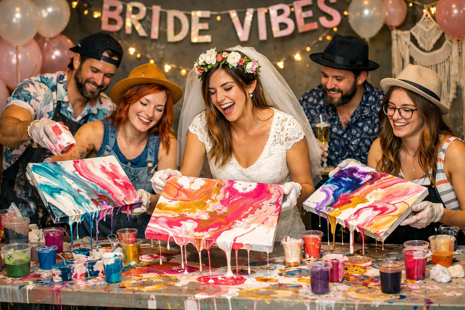 A happy group stands at a table, wearing gloves and creating colorful, dripping acrylic paint pour art for a celebration.