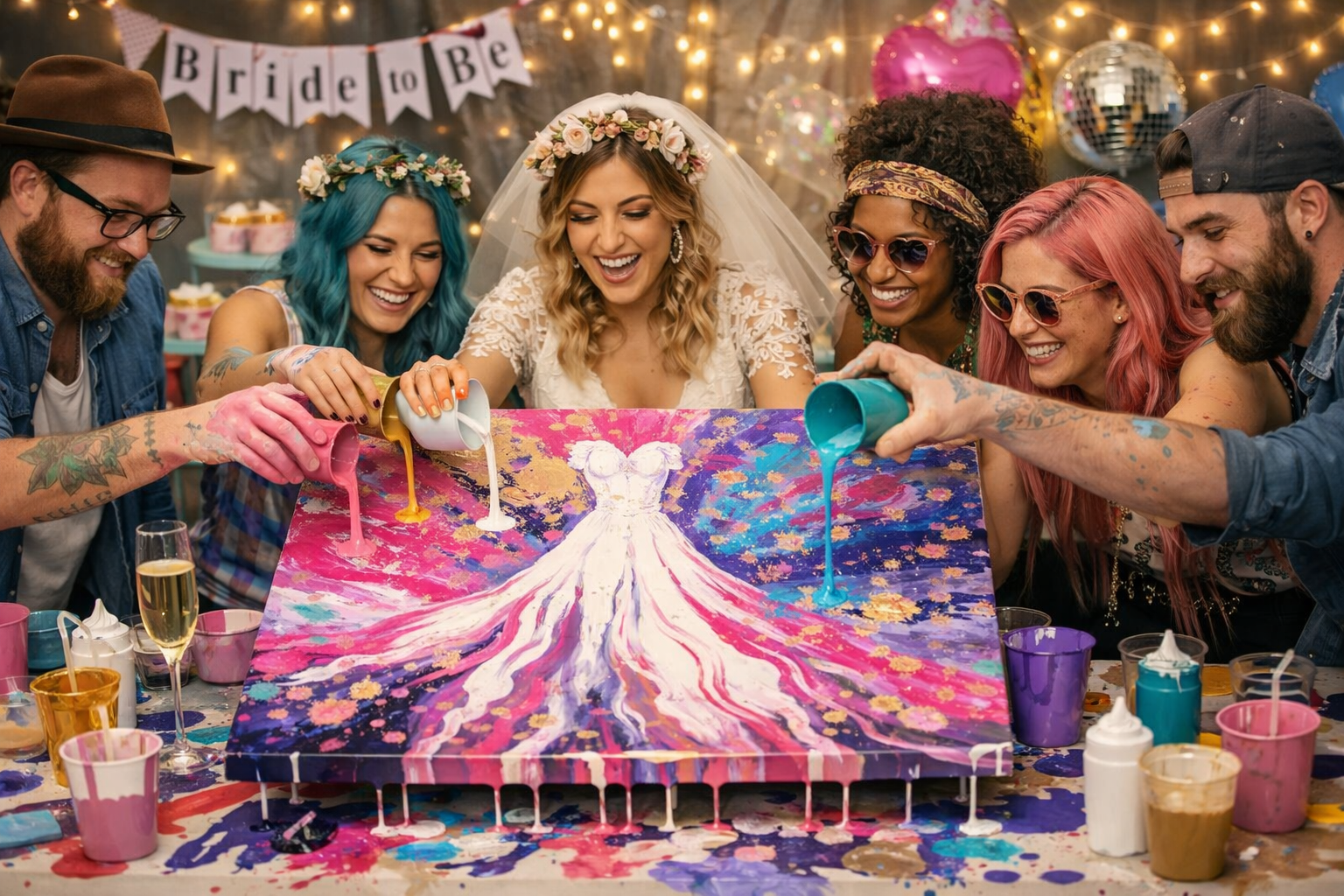 Bride-to-be party with colorful abstract backdrop, balloons, cake, desserts, and women in attendance for a paint party.