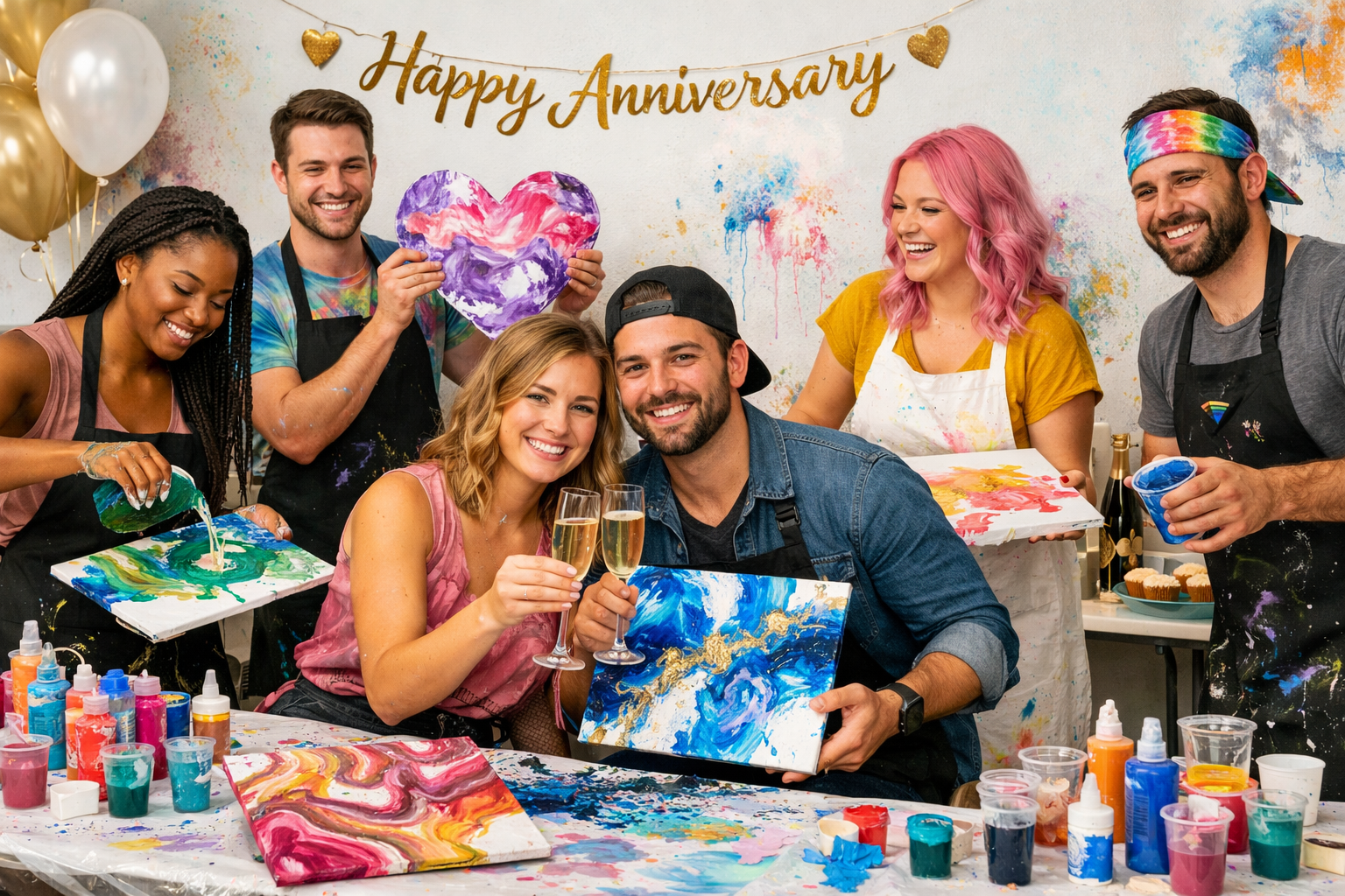 Family celebrating a 50th anniversary with loved ones at a private acrylic pour art paint party.