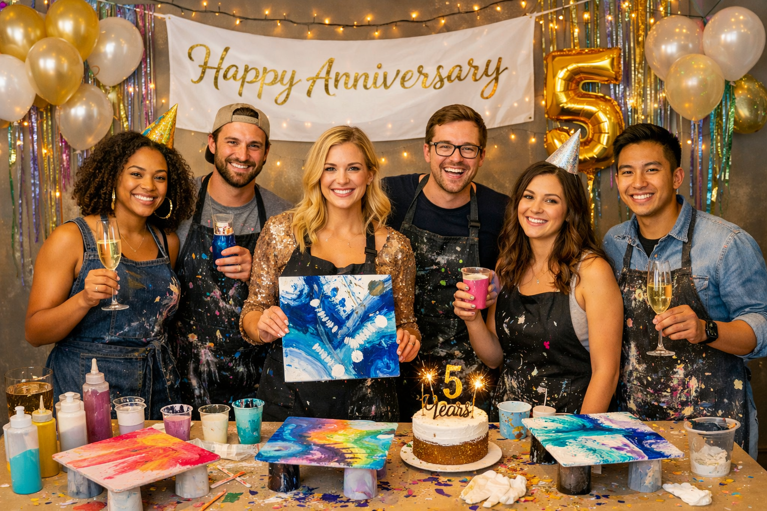 Couple celebrates first anniversary at a private acrylic pour art paint party with friends; colorful art, wine.