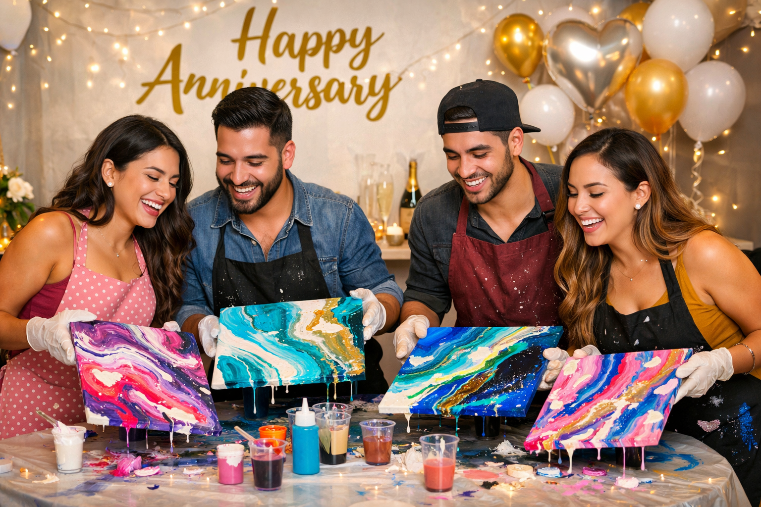 Group holding art, celebrating 6th anniversary, at a private acrylic pour art paint party.