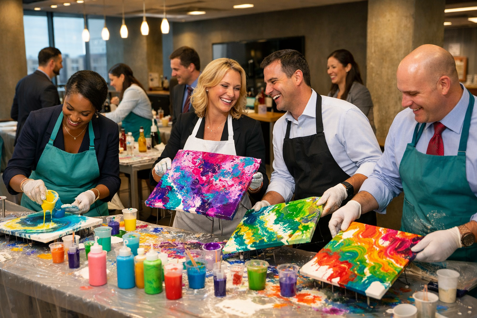 A group of people wearing aprons pouring colorful acrylic paint on canvases at a table covered in paint cups in the office.