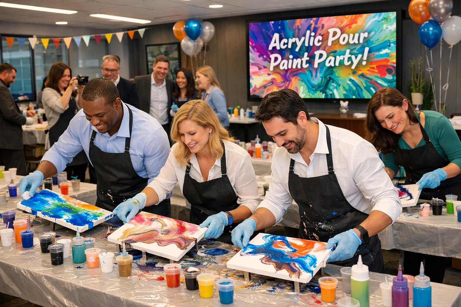 Participants wearing aprons and gloves pour colorful acrylic paint onto canvases at a party event.
