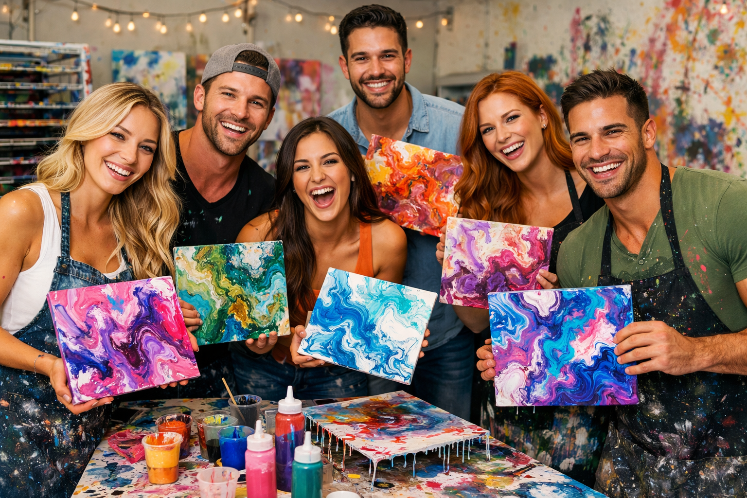 Four people laughing while doing fluid acrylic pour painting on canvases at a table decorated with party lights.