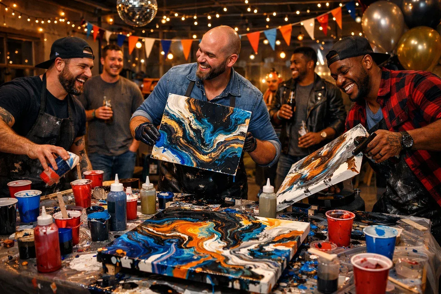 Men at a private paint party, pouring colorful paint on canvases. They laugh and hold up finished acrylic pour art, indoors.