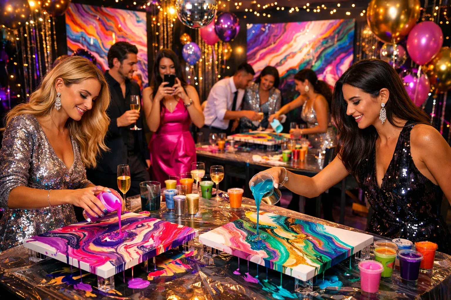 People pouring paint onto canvases  at a private paint party. Tables hold abstract acrylic pour art.