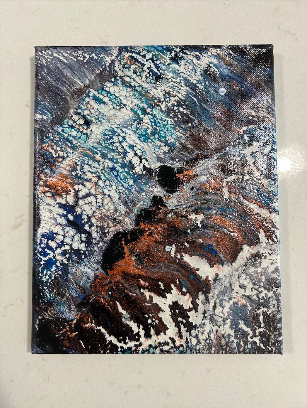 Abstract painting of ocean waves in shades of blue, white, and copper, with textured brushstrokes.