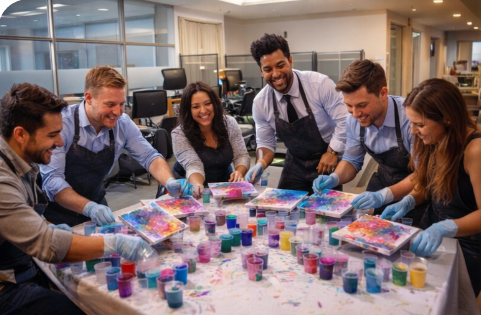 A group of colleagues wearing aprons and gloves smiling while pouring colorful paint onto canvases at an office party.