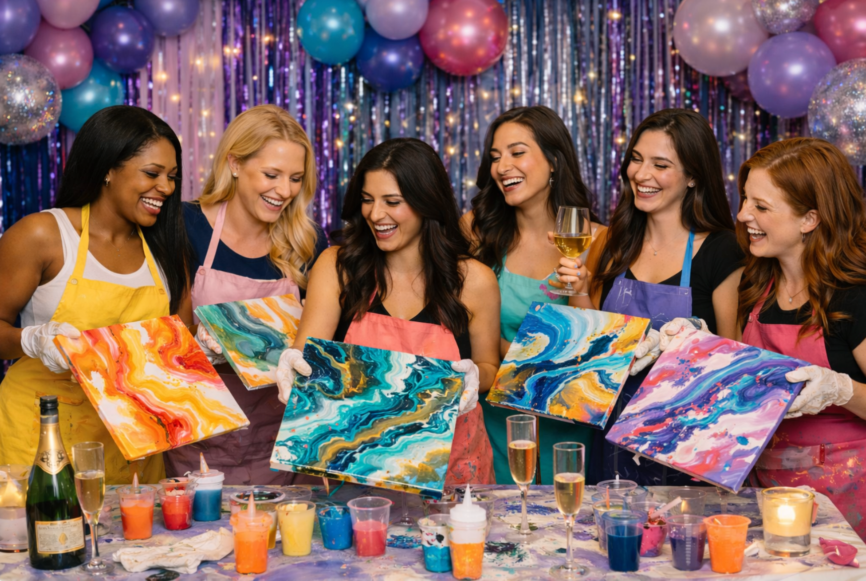 Six people at an anniversary paint-pouring party stand behind a table with colorful canvases, drinks, and a cake.