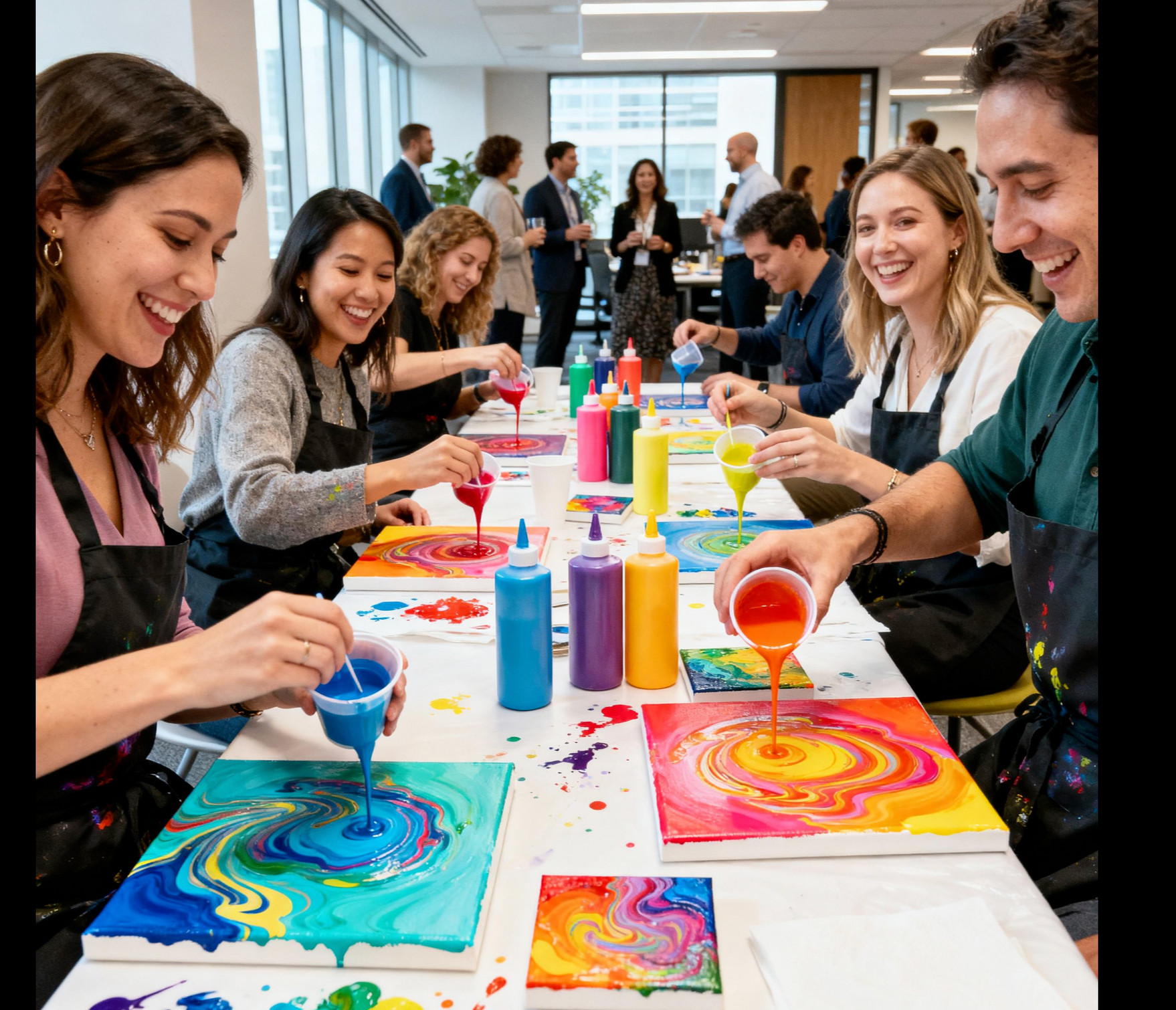 A group of people holding wine glasses at a table with colorful abstract  acrylic pour paintings and art supplies in a winery