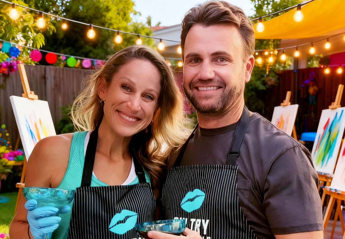 People in aprons and gloves pour colorful paint from cups onto canvases at an outdoor paint party