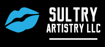 A logo for sultry artistry llc with a blue lip on a black background.