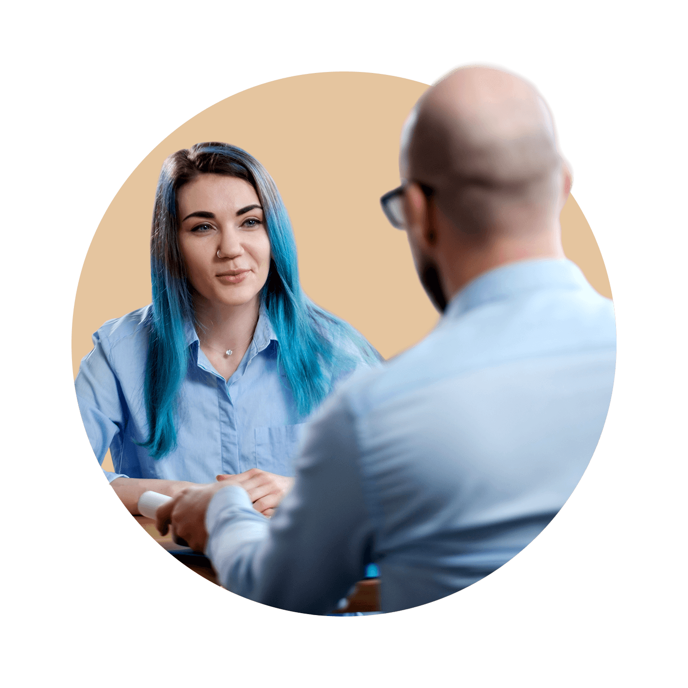 Teenager with blue hair speaking to counsellor