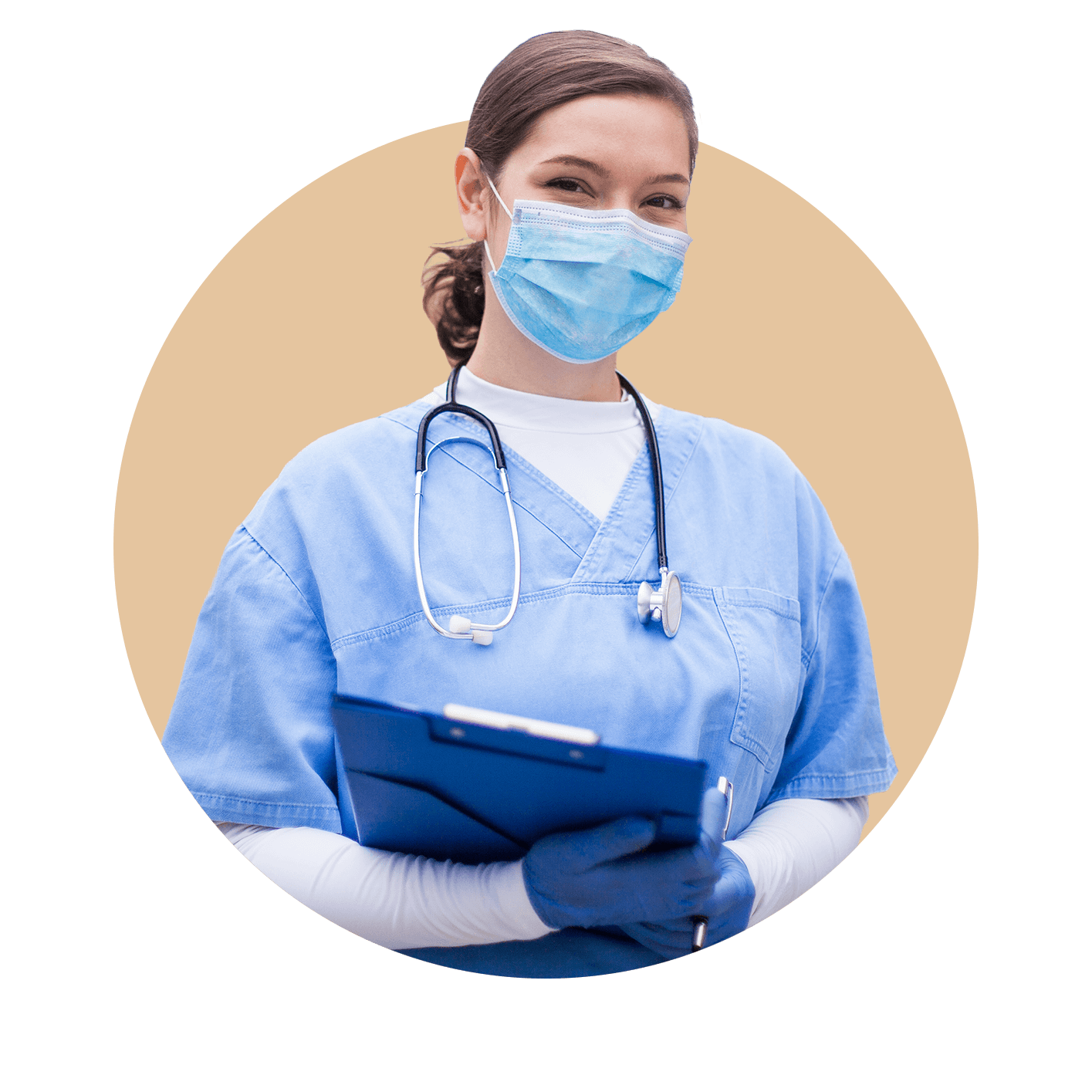 Nurse in scrubs with stethoscope around her neck, holding a clipbboard and wearing a mask