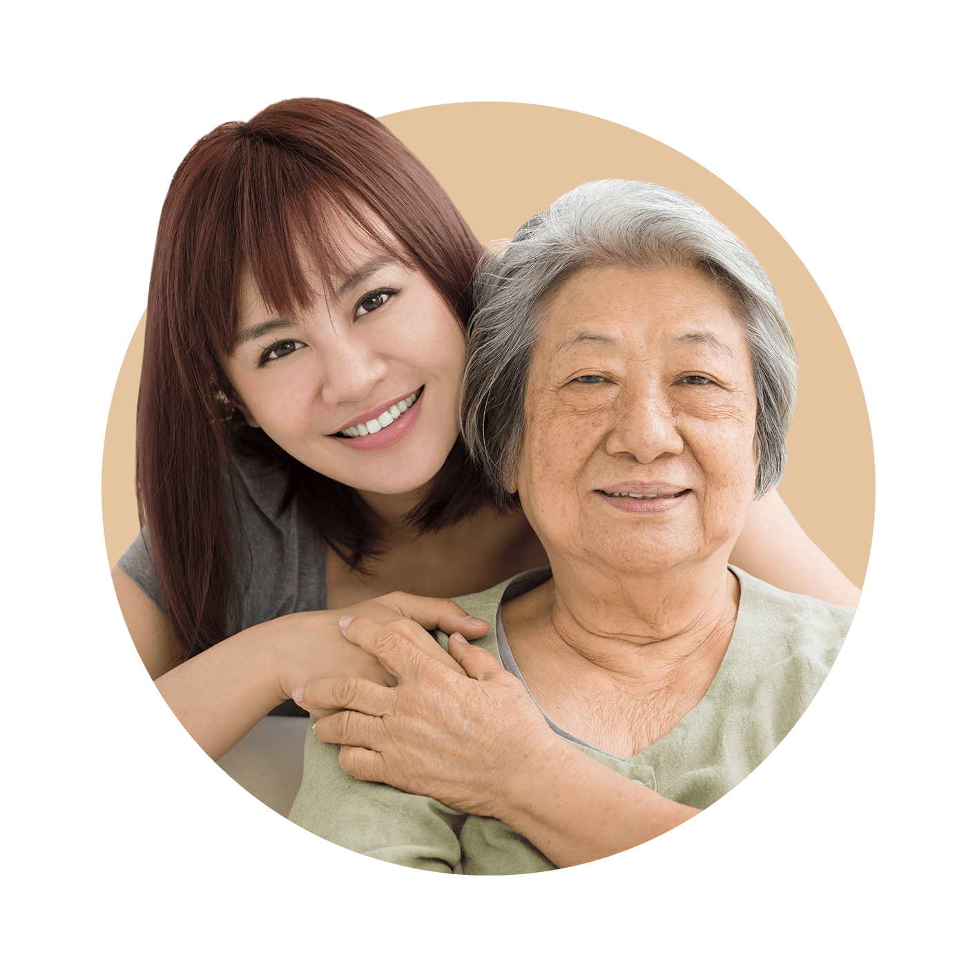 Asian woman leaning over mother and both smiling at camera