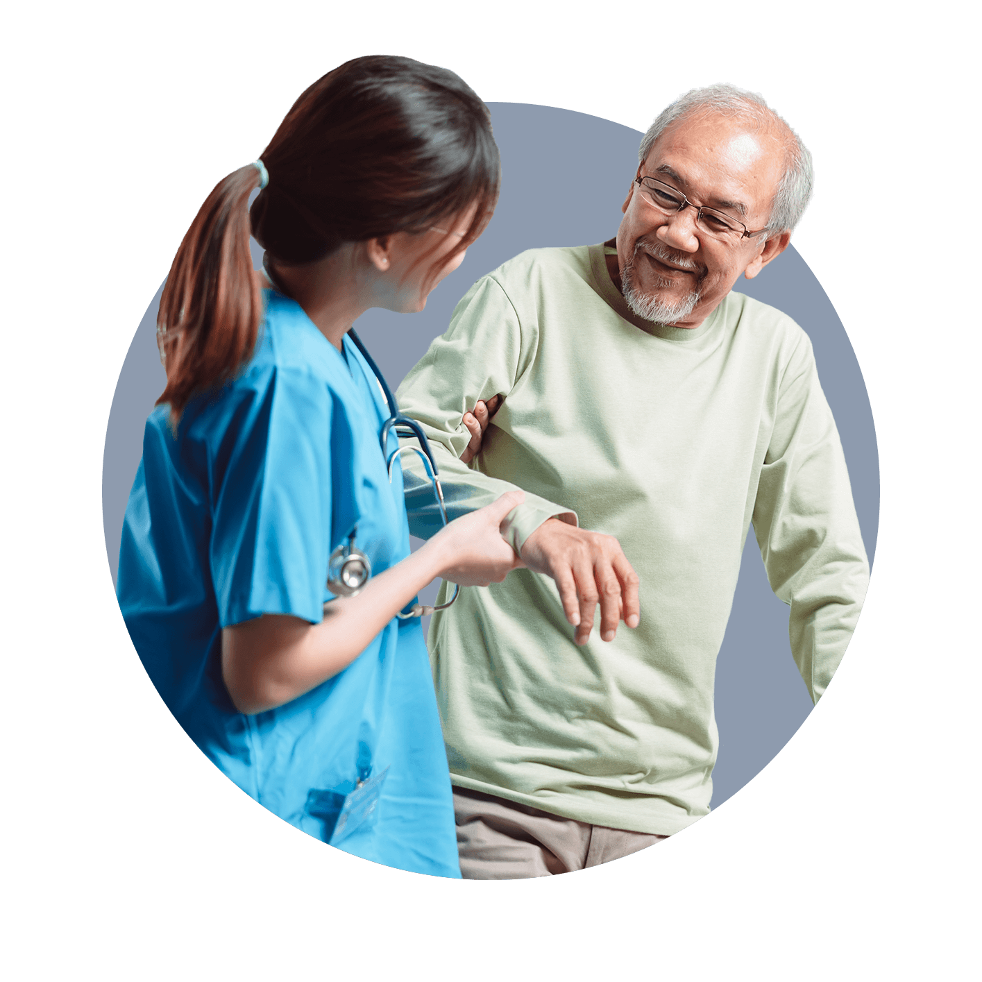 Nurse assisting smiling elderly man