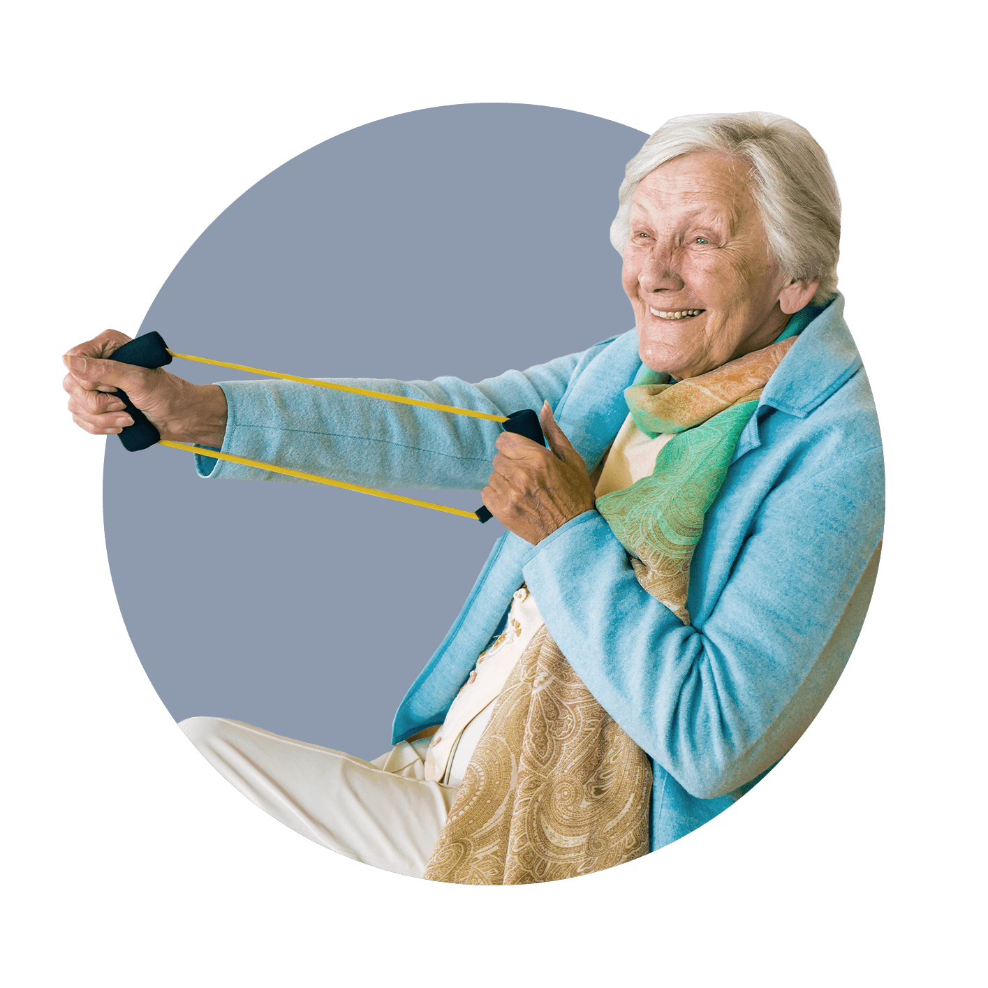 Elderly woman in aged care home sitting down and exercising with resistant band