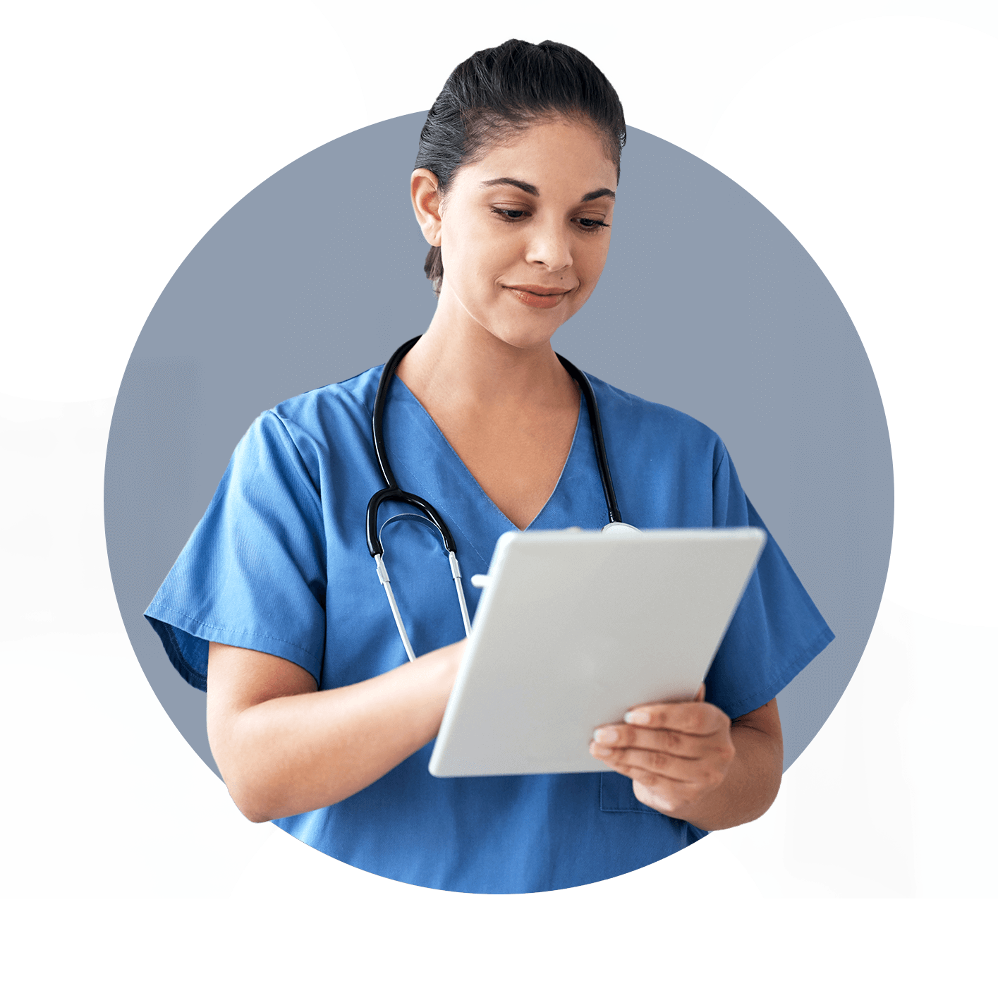 Nurse with stethoscope on tablet