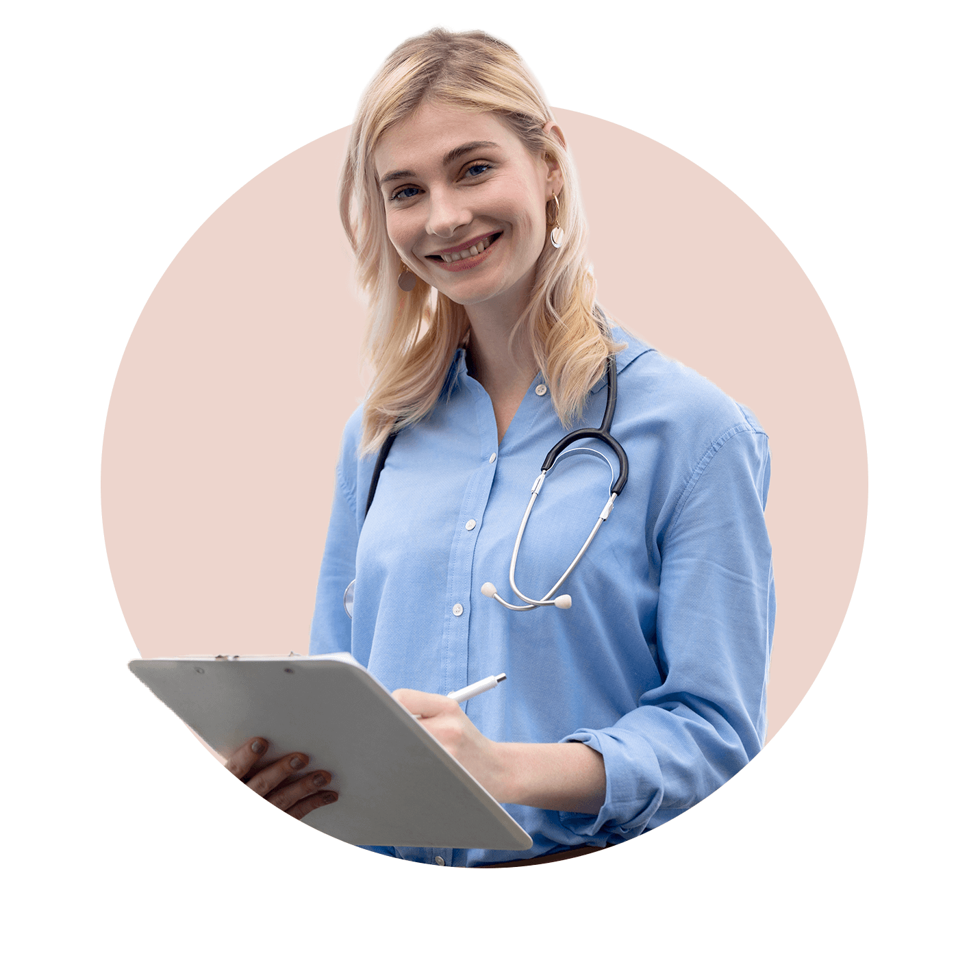 Doctor with stethoscope around neck holding a clipboard and pen, smiling into camera