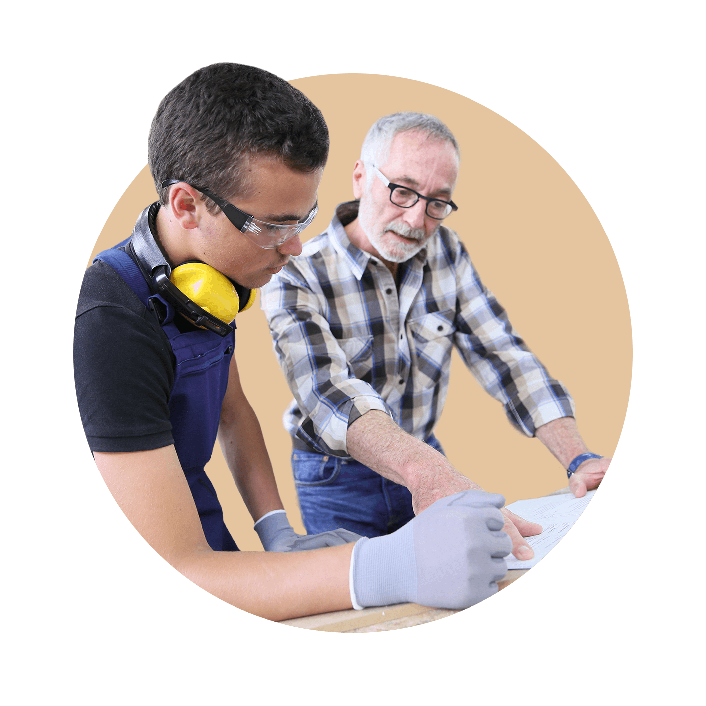 Young man and mentor reviewing construction plans