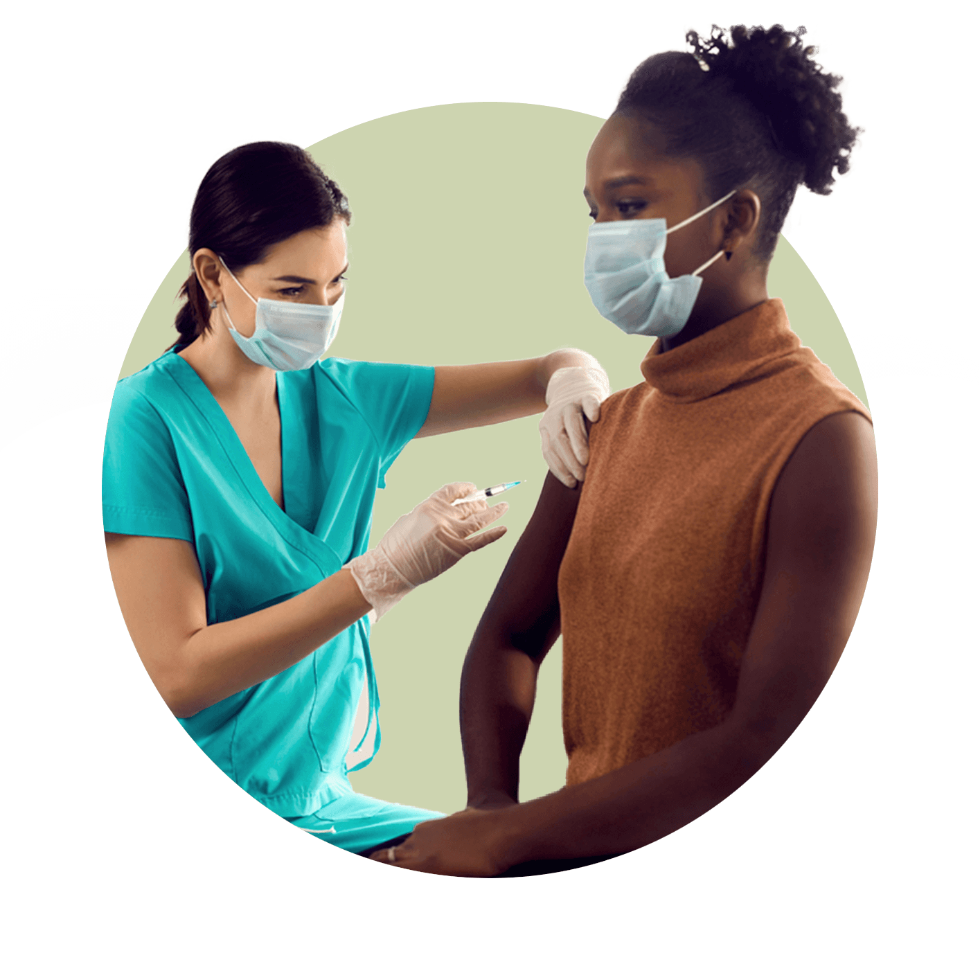 Female nurse administering vaccine to female patient, both wearing masks